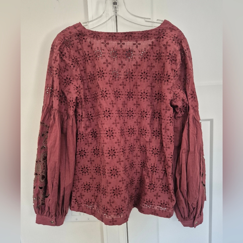 Anthropologie Top Rasberry Eyelet Embroidered Long Balloon Sleeve Size M - Picture 5 of 12